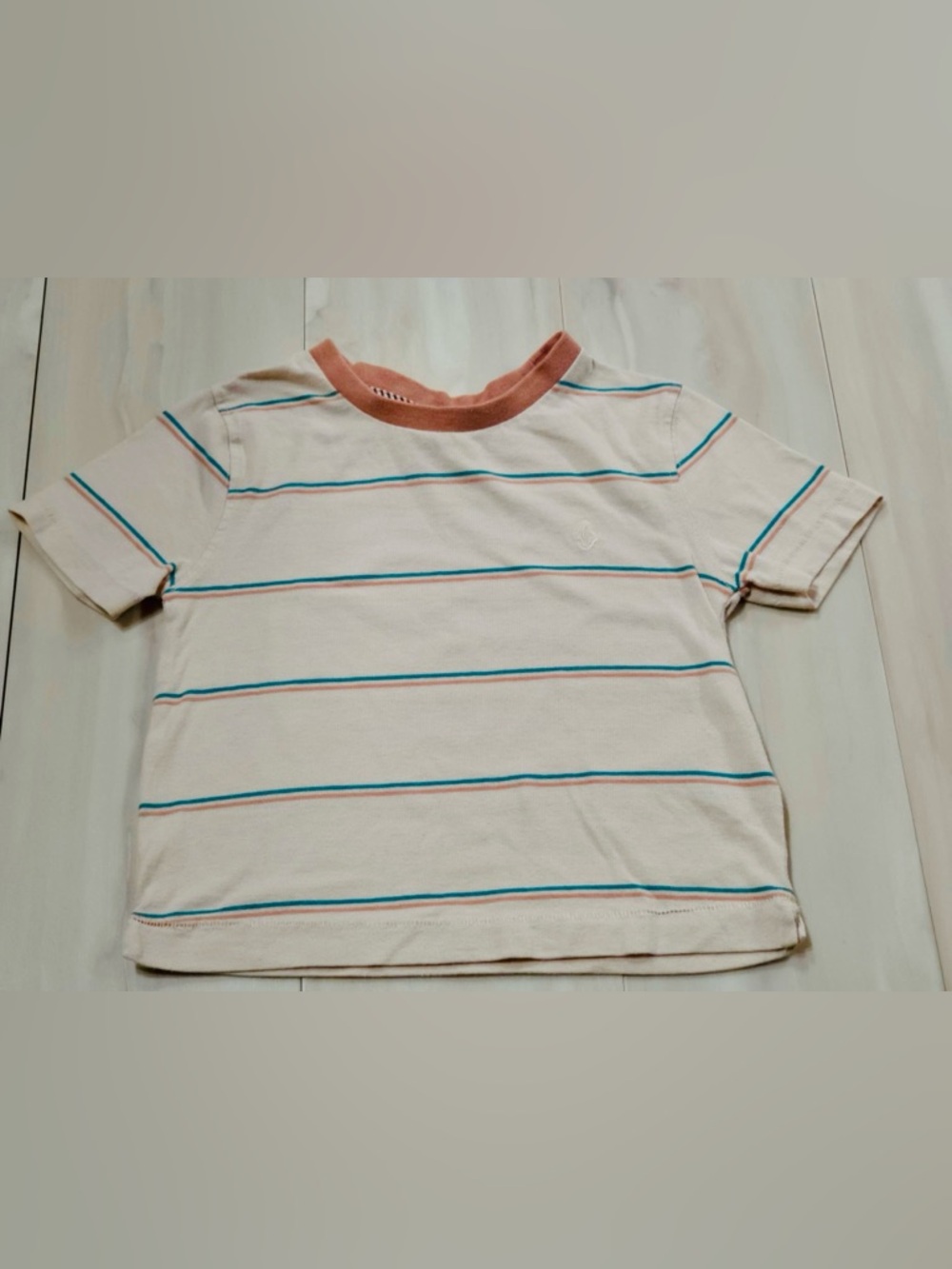Kids Volcom Striped Crewneck Tee - cream with Blue & Pink Stripe